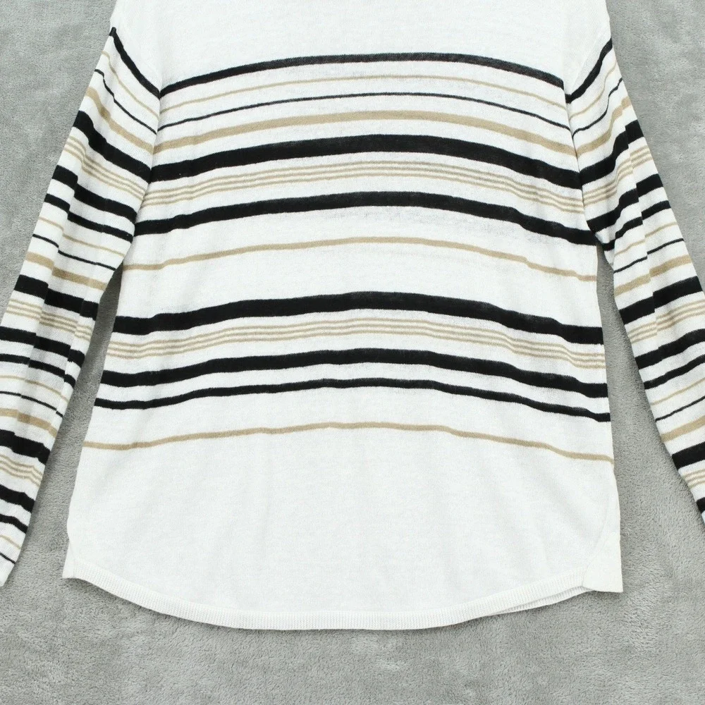 J Jill Sweater‎ Womens Medium Linen Blend Striped Lightweight Knit Preppy White